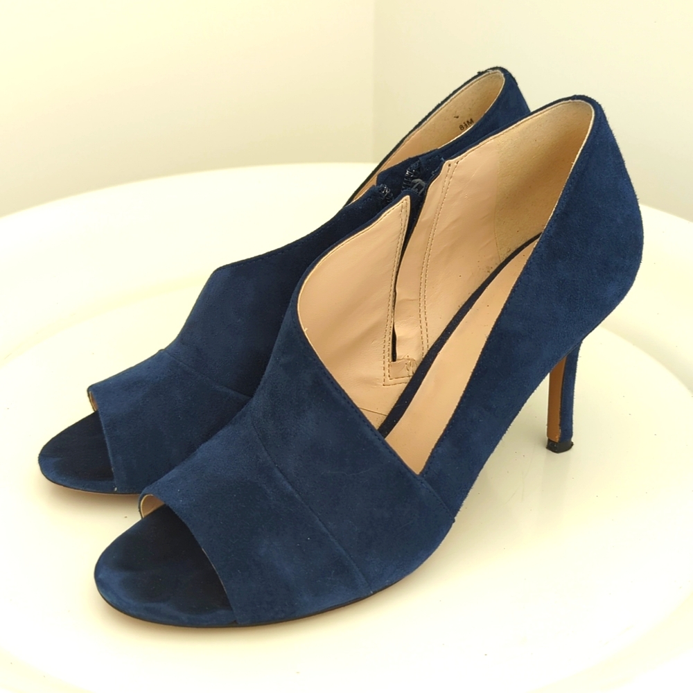Nine West blue suede peep-toe heels, size 8.5